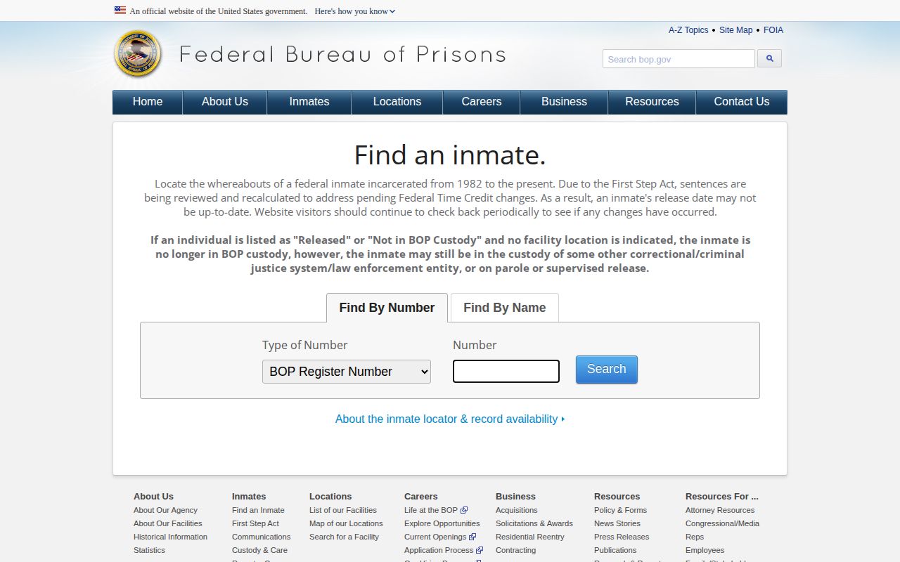 Federal Bureau of Prisons locator and released-person search workflow