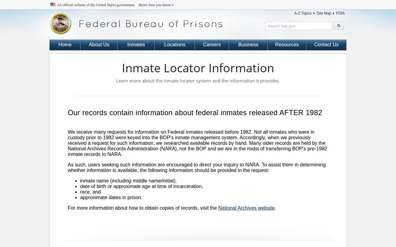 BOP locator record limitations for released federal inmates