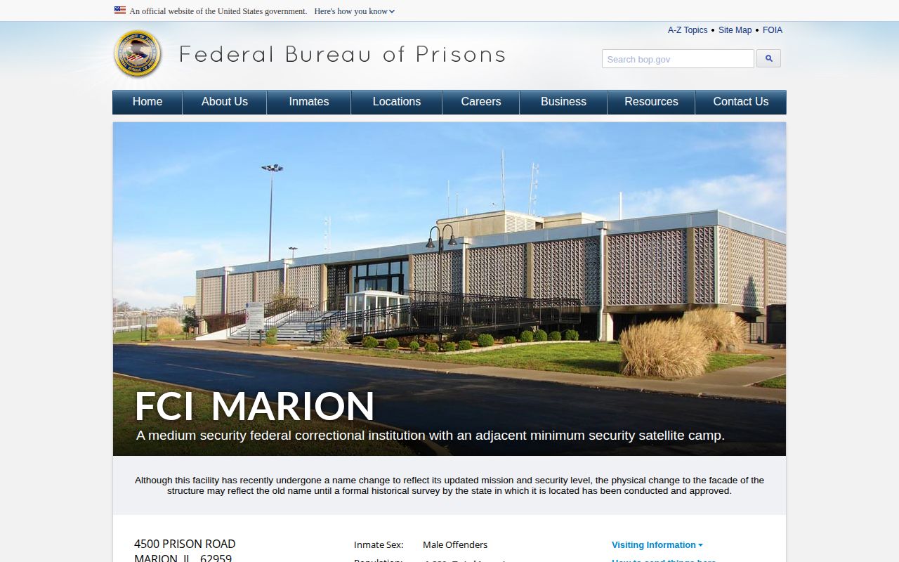 FCI Marion federal released inmate pickup information in Williamson County