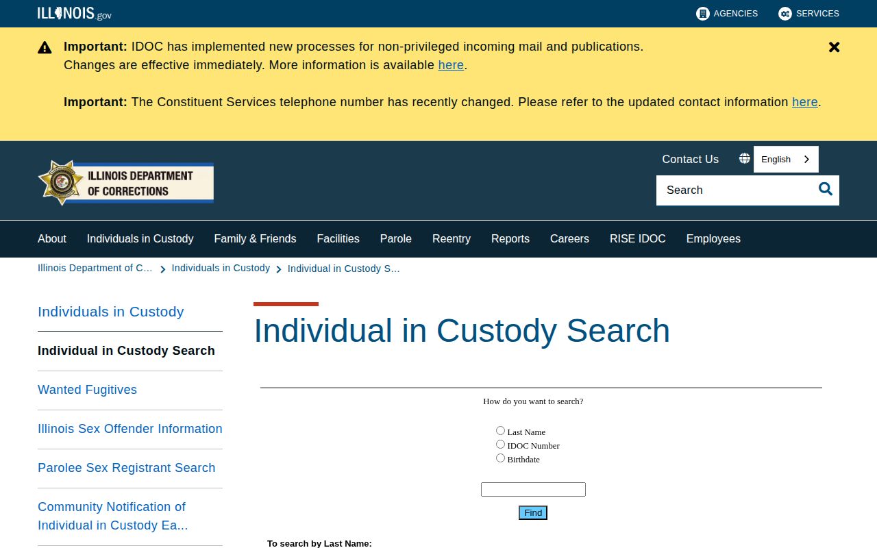 Illinois Department of Corrections individual in custody search landing page