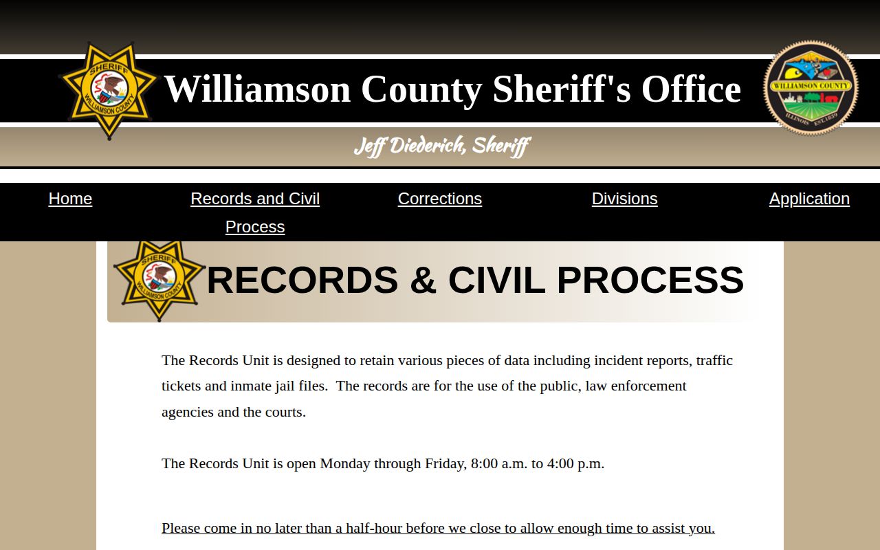Williamson County Sheriff Records Unit page for retained inmate jail files