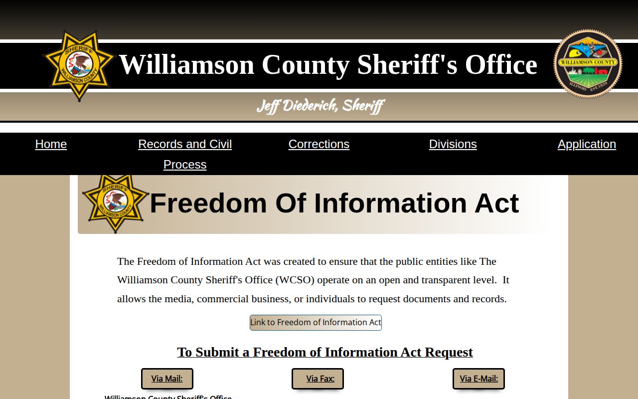 Williamson County Sheriff FOIA page showing official public-record request routes
